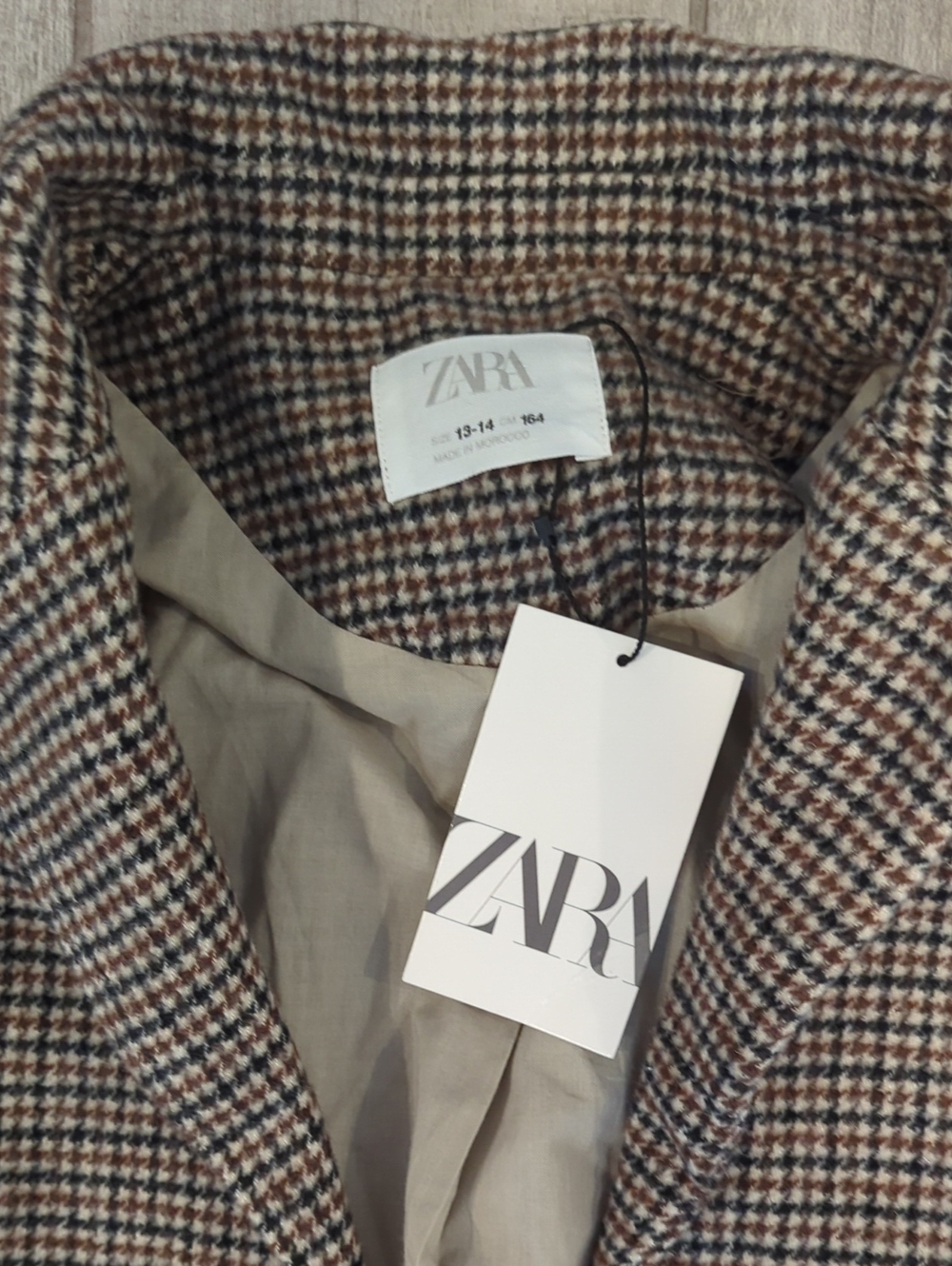 ZARA Tweed Blazer in Brown and Cream with Navy Accents